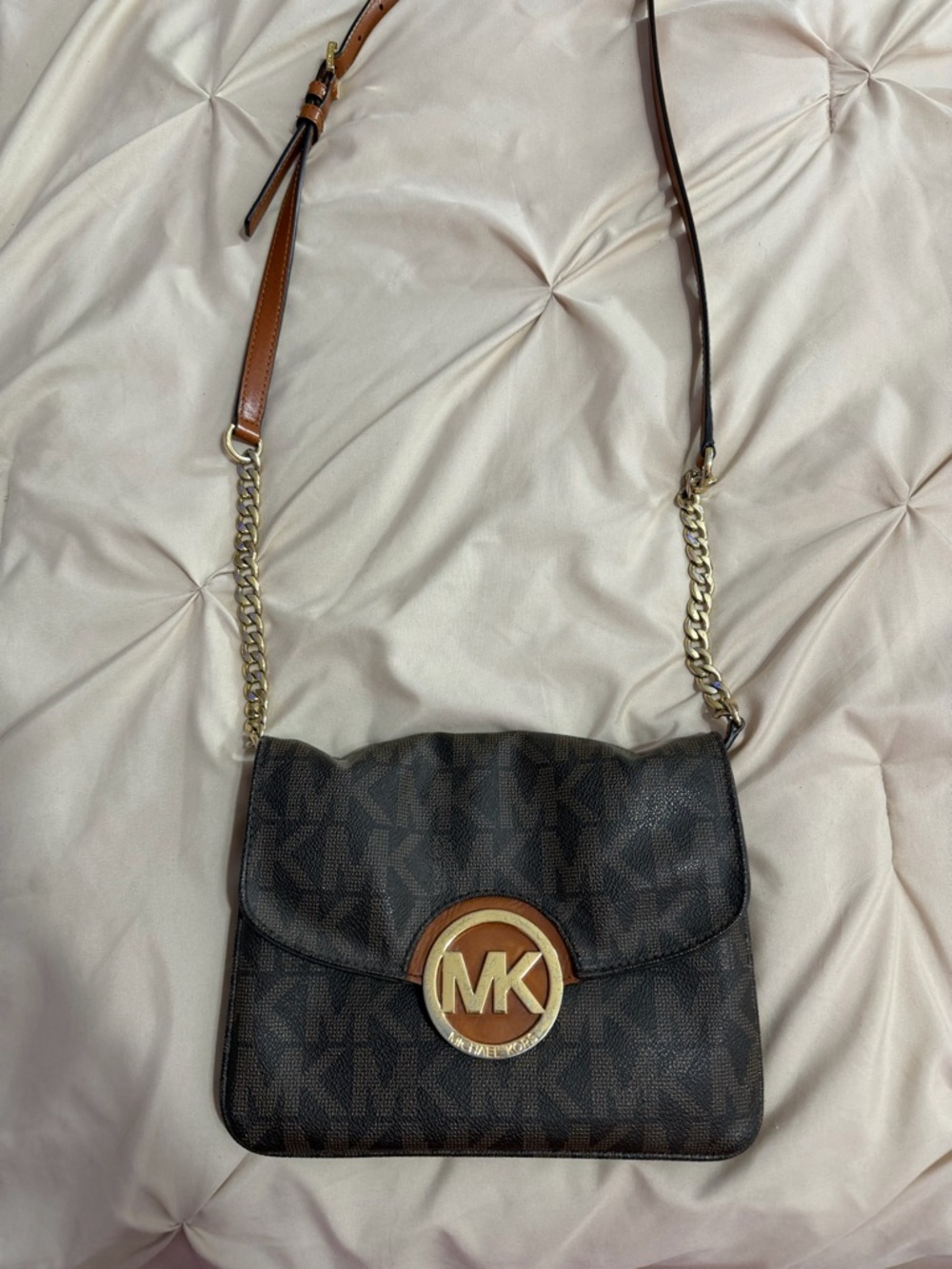 Michael Kors Chocolate MK Logo Crossbody with Gold-Tone Emblem